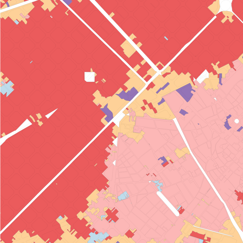 The effect of an otherwise identical segmentation on contextual characters constructed using different order spatial weights. From left to right: no contextual characters; 1st order spatial weight, up to 3rd order spatial weight, up to 5th order spatial weight.