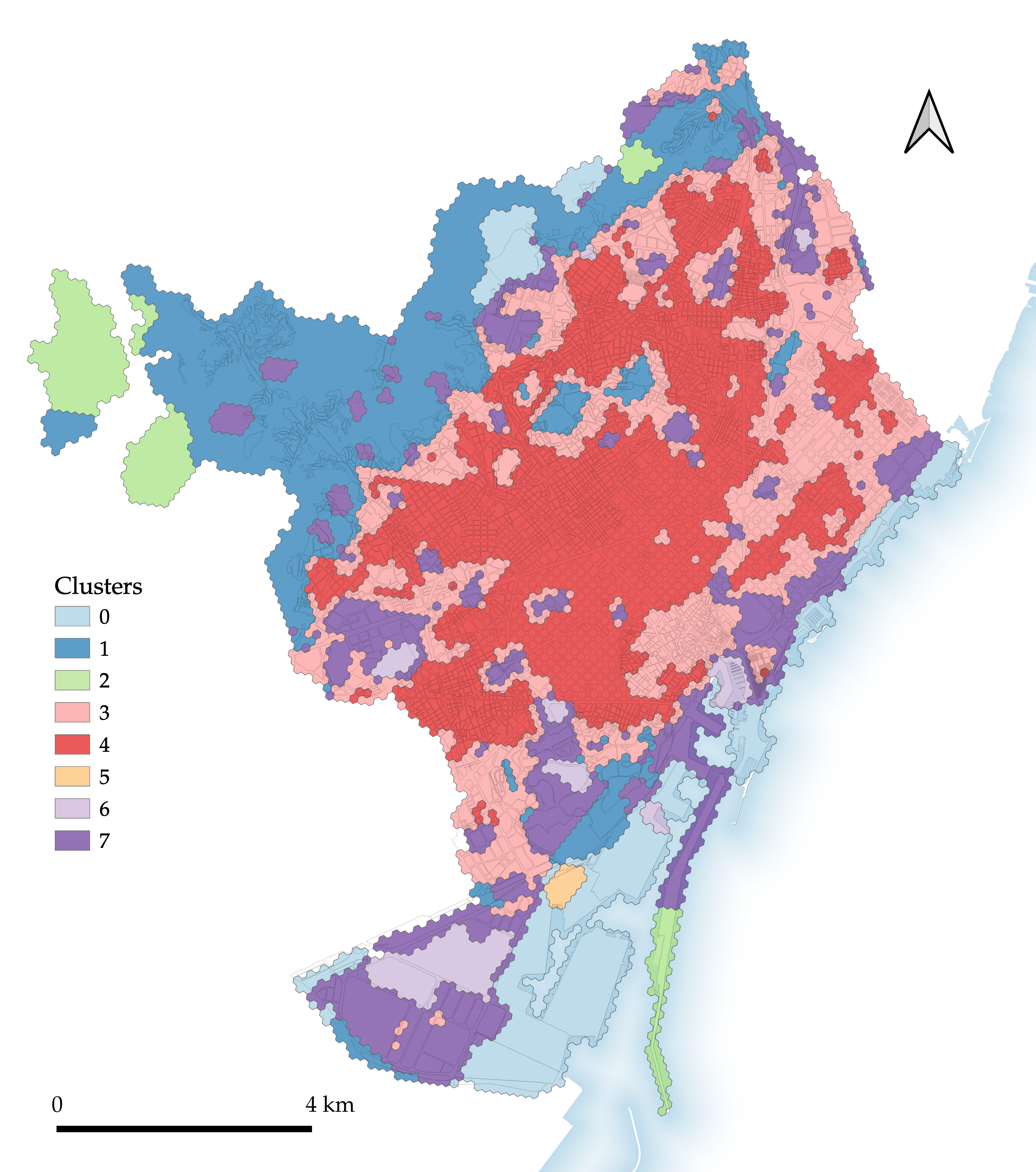 Segmentation 6: H3 clustering using characters from enclosed tessellation.