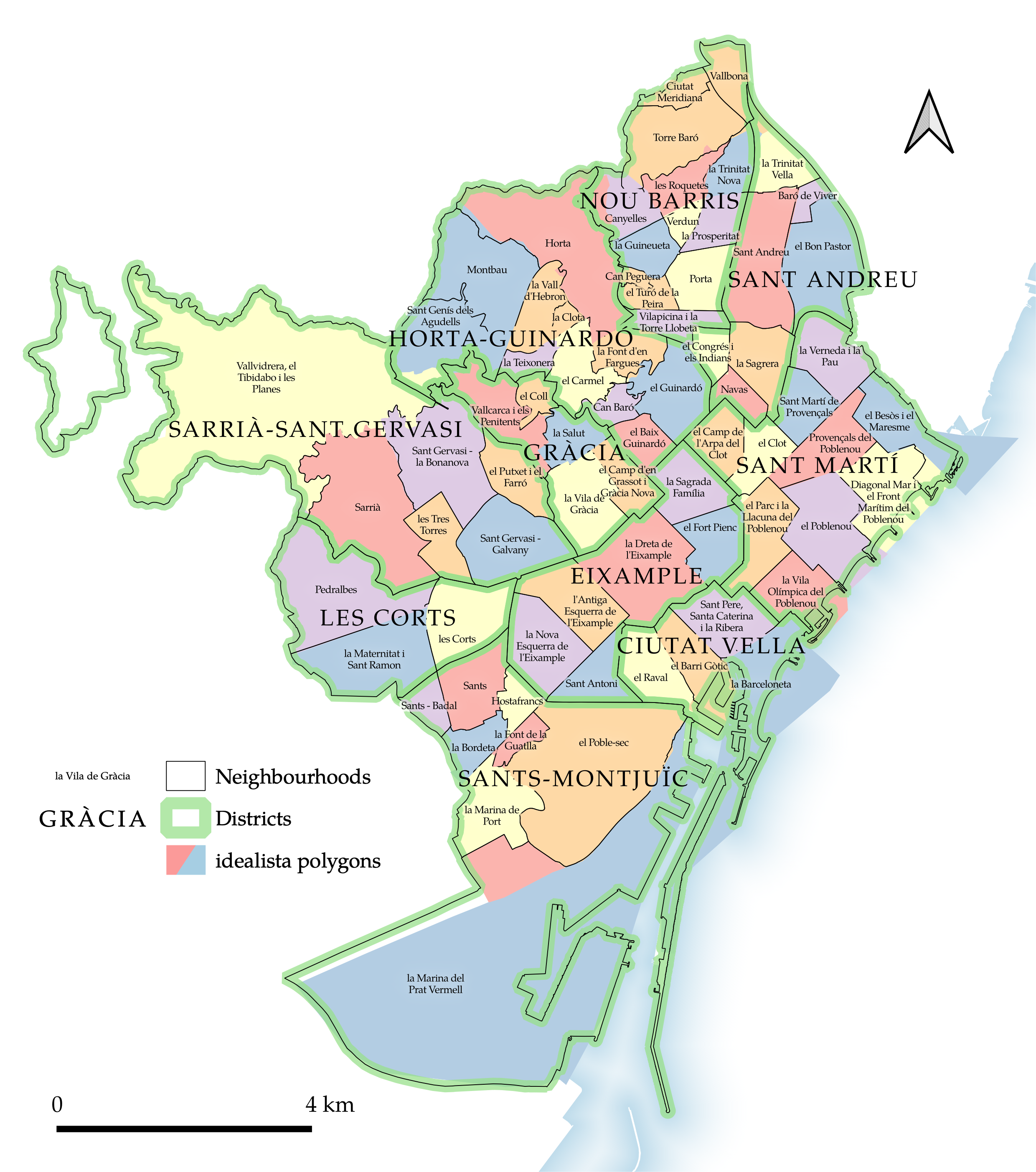 Existing spatial units: neighbourhoods, districts, and idealista polygons in Barcelona.